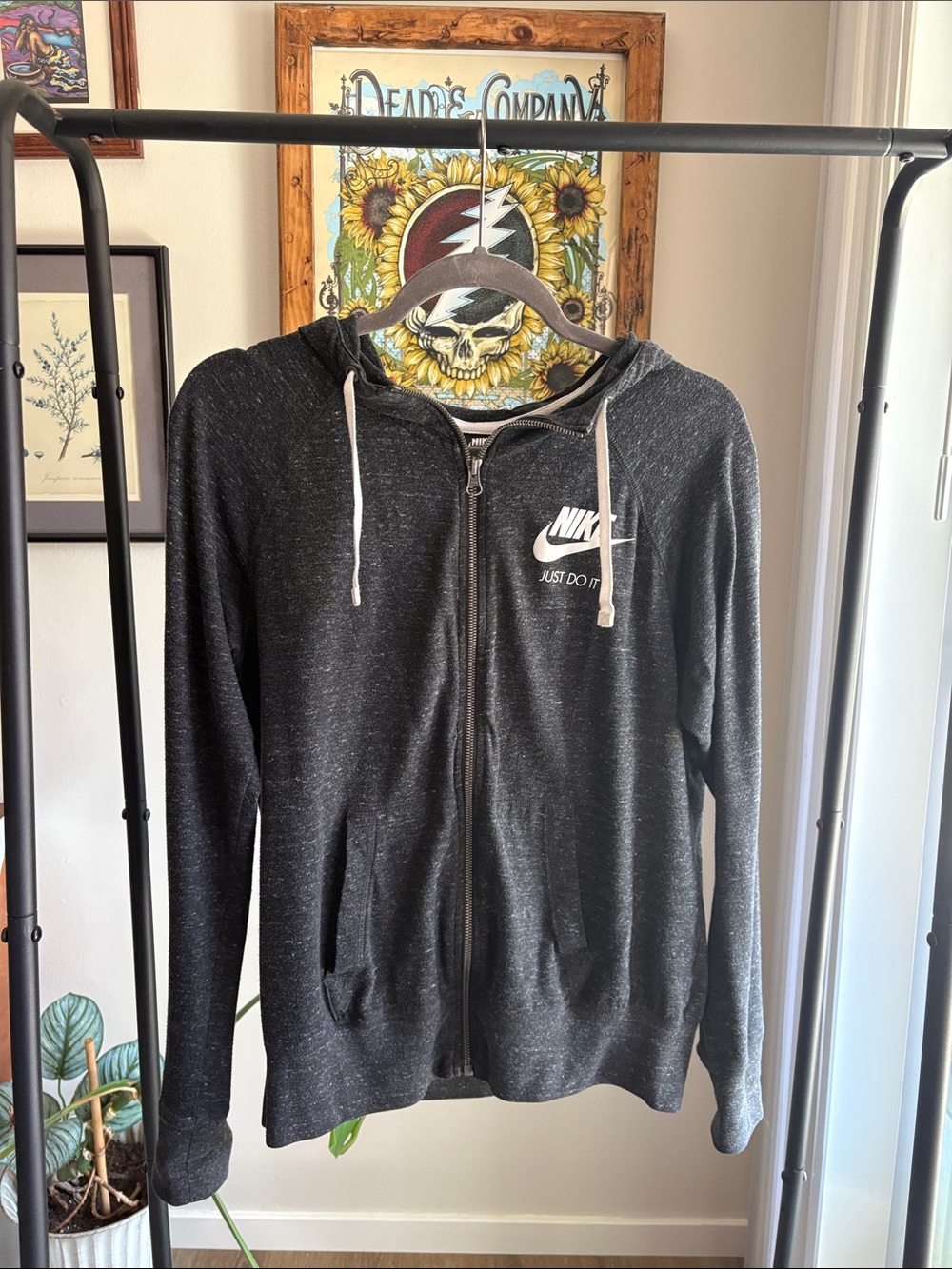 Nike Charcoal Zip Hoodie with White Logo and Drawstrings